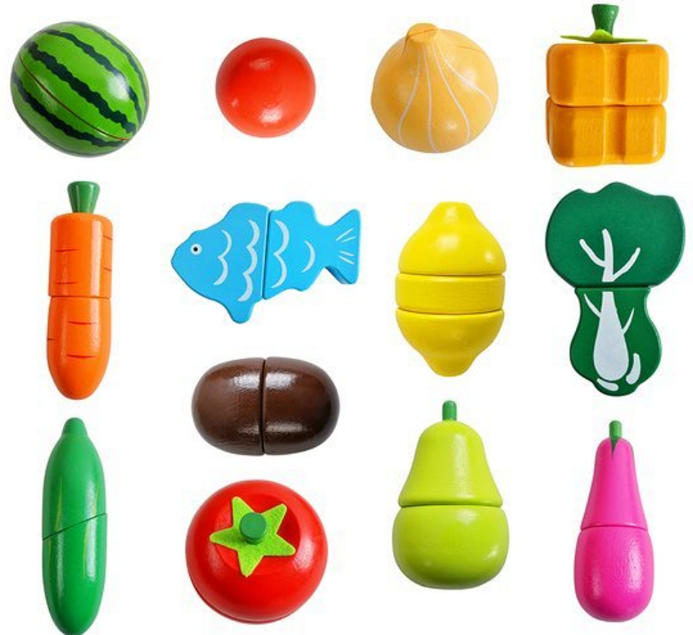 Ladita cu fructe si legume din lemn Fruit Chopping idealSTORE, Dimensiuni 23 x 26 x 6 cm Accesorizat cu diverse legume si fructe Tocator Cutite, Culori Vibrante, Prindere magnetica, Dezvolta imaginatia copilului