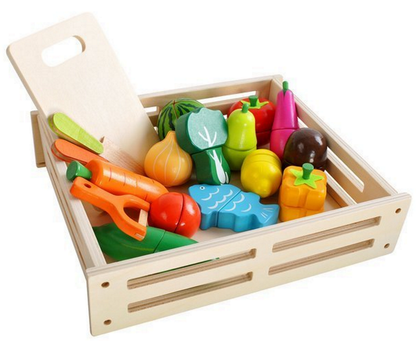 Ladita cu fructe si legume din lemn Fruit Chopping idealSTORE, Dimensiuni 23 x 26 x 6 cm Accesorizat cu diverse legume si fructe Tocator Cutite, Culori Vibrante, Prindere magnetica, Dezvolta imaginatia copilului