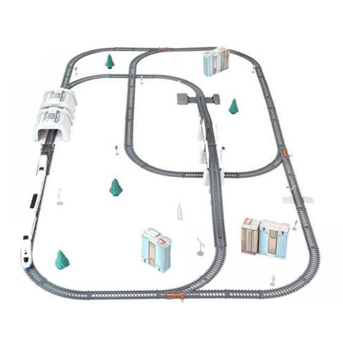 Circuit electric TRAIN TOY IdealStore- Dimnsiune 9 m Include 5 cladiri, pod cu tuneluri, 43 piese cale ferata, 19 accesorii, locomotiva si 4 vagoane pentru calatori, Jucaria stimuleaza imaginatia si face copilul creativ