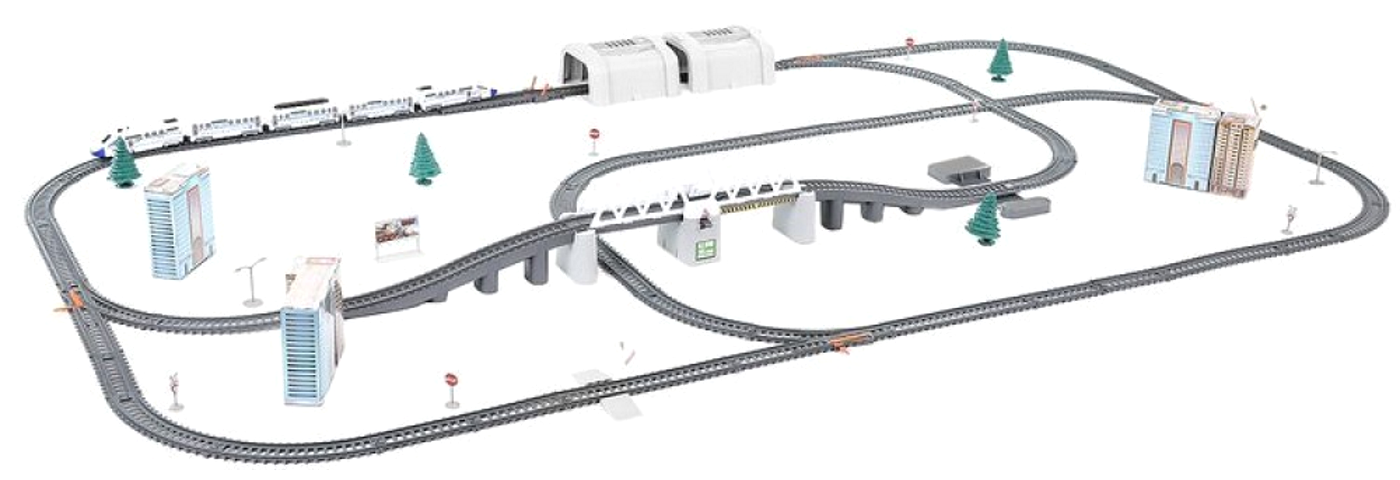 Circuit electric TRAIN TOY IdealStore- Dimnsiune 9 m Include 5 cladiri, pod cu tuneluri, 43 piese cale ferata, 19 accesorii, locomotiva si 4 vagoane pentru calatori, Jucaria stimuleaza imaginatia si face copilul creativ