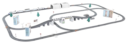 Circuit electric TRAIN TOY IdealStore- Dimnsiune 9 m Include 5 cladiri, pod cu tuneluri, 43 piese cale ferata, 19 accesorii, locomotiva si 4 vagoane pentru calatori, Jucaria stimuleaza imaginatia si face copilul creativ