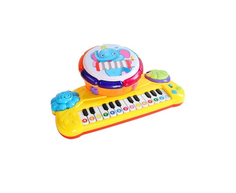 Pian interactiv 2 in 1 idealSTORE BABY ELEPHANT, Dimensiuni 35 x 20 x 11 cm, Echipat cu 14 melodii, Tobe, Stimuleaza imaginatia, Incurajeaza distractia si ajuta la invatarea vesela a cifrelor