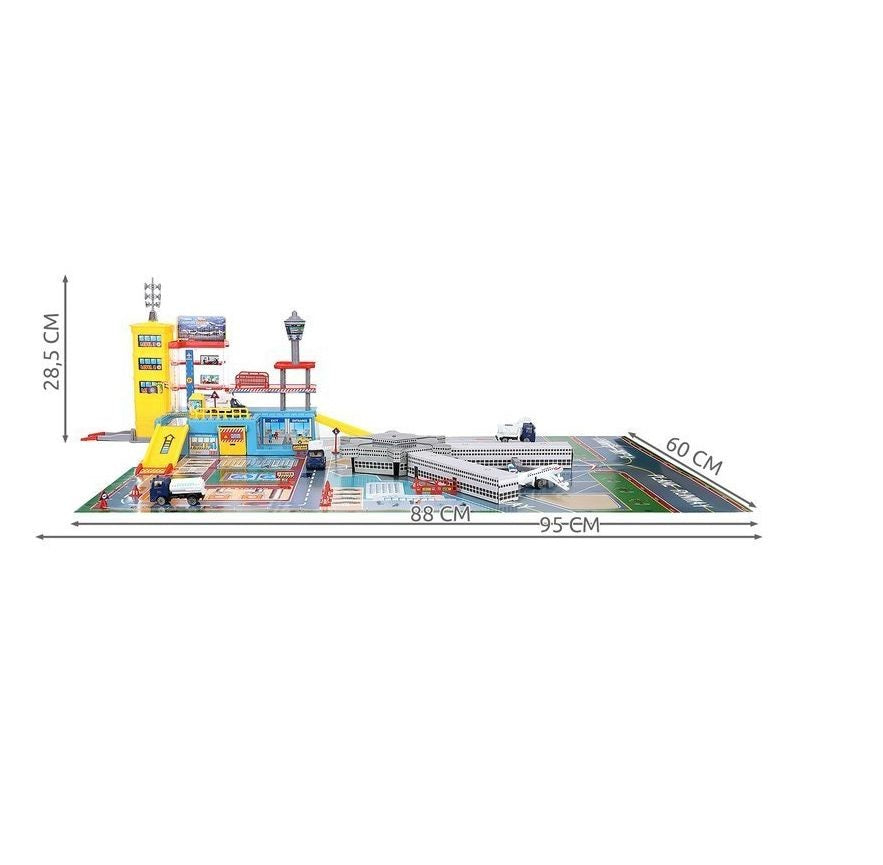 Aeroport pentru copii HEAVEAN AIRPORT idealSTORE, Dimensiuni 95 x 60 x 28,5 cm, Este format din 70 elemente, Include accesorii, avion, 4 camioane, indicatoare, autocolante, pista de aterizare