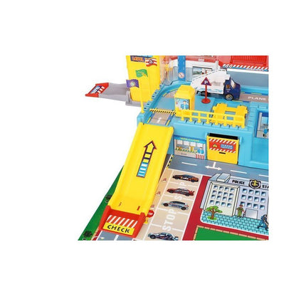 Aeroport pentru copii HEAVEAN AIRPORT idealSTORE, Dimensiuni 95 x 60 x 28,5 cm, Este format din 70 elemente, Include accesorii, avion, 4 camioane, indicatoare, autocolante, pista de aterizare