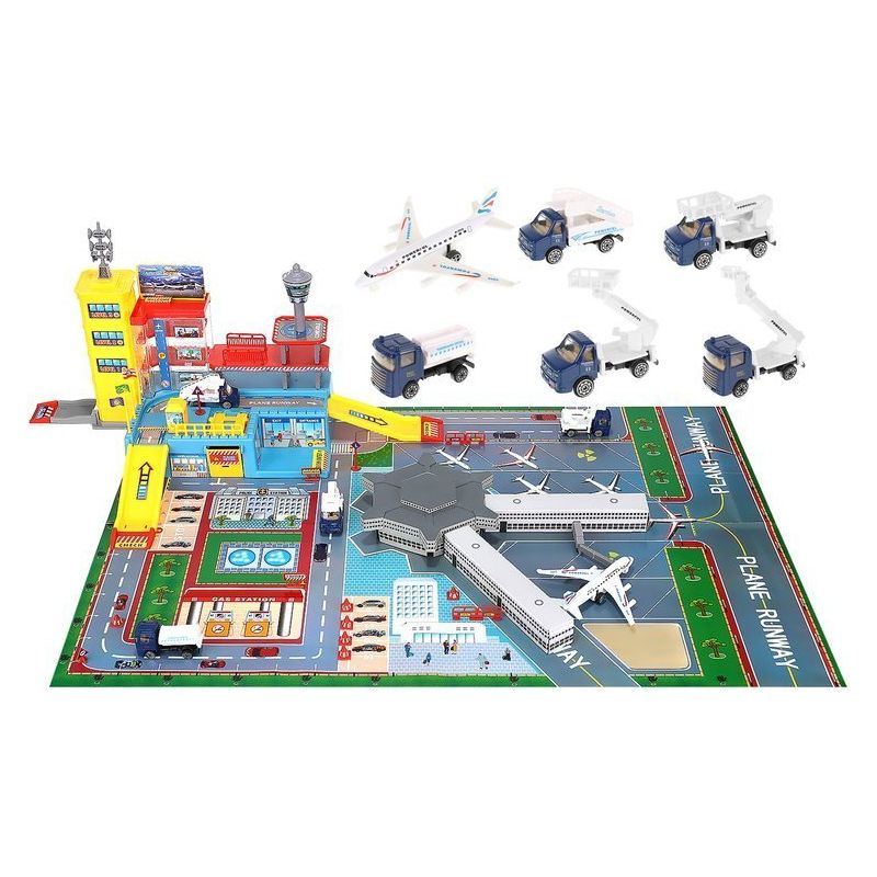 Aeroport pentru copii HEAVEAN AIRPORT idealSTORE, Dimensiuni 95 x 60 x 28,5 cm, Este format din 70 elemente, Include accesorii, avion, 4 camioane, indicatoare, autocolante, pista de aterizare