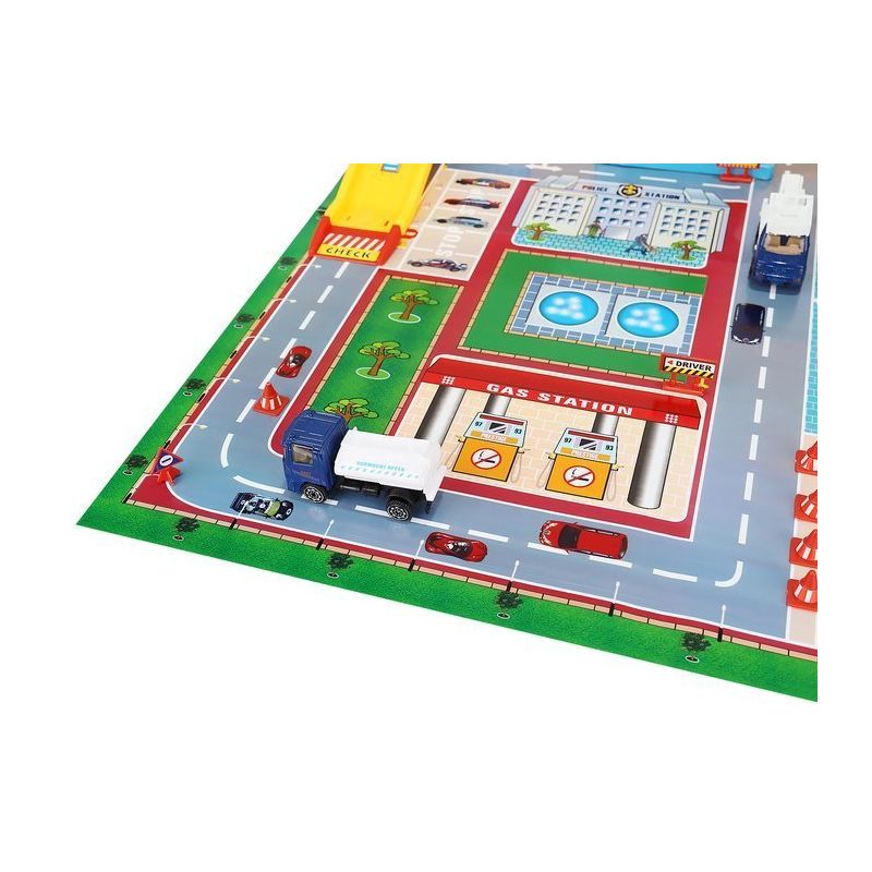 Aeroport pentru copii HEAVEAN AIRPORT idealSTORE, Dimensiuni 95 x 60 x 28,5 cm, Este format din 70 elemente, Include accesorii, avion, 4 camioane, indicatoare, autocolante, pista de aterizare