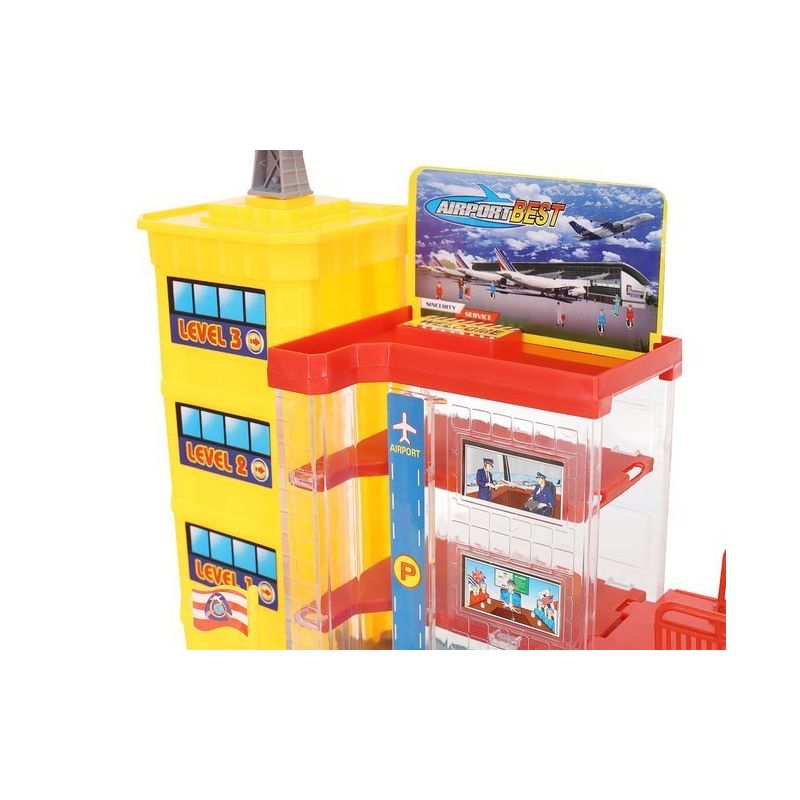 Aeroport pentru copii HEAVEAN AIRPORT idealSTORE, Dimensiuni 95 x 60 x 28,5 cm, Este format din 70 elemente, Include accesorii, avion, 4 camioane, indicatoare, autocolante, pista de aterizare
