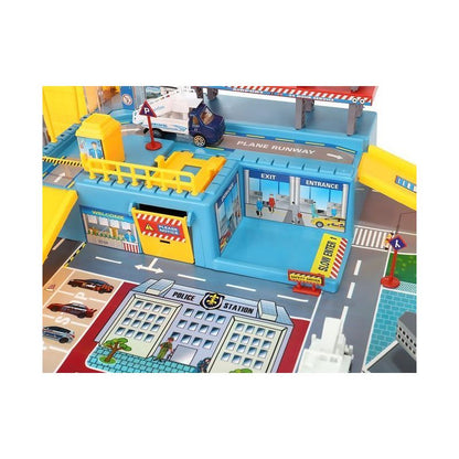 Aeroport pentru copii HEAVEAN AIRPORT idealSTORE, Dimensiuni 95 x 60 x 28,5 cm, Este format din 70 elemente, Include accesorii, avion, 4 camioane, indicatoare, autocolante, pista de aterizare