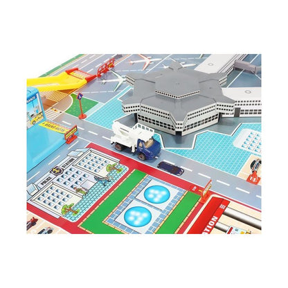 Aeroport pentru copii HEAVEAN AIRPORT idealSTORE, Dimensiuni 95 x 60 x 28,5 cm, Este format din 70 elemente, Include accesorii, avion, 4 camioane, indicatoare, autocolante, pista de aterizare