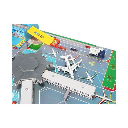 Aeroport pentru copii HEAVEAN AIRPORT idealSTORE, Dimensiuni 95 x 60 x 28,5 cm, Este format din 70 elemente, Include accesorii, avion, 4 camioane, indicatoare, autocolante, pista de aterizare