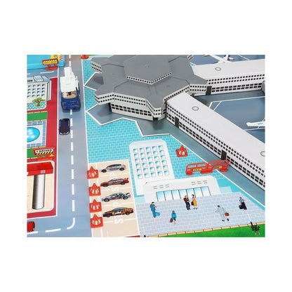 Aeroport pentru copii HEAVEAN AIRPORT idealSTORE, Dimensiuni 95 x 60 x 28,5 cm, Este format din 70 elemente, Include accesorii, avion, 4 camioane, indicatoare, autocolante, pista de aterizare
