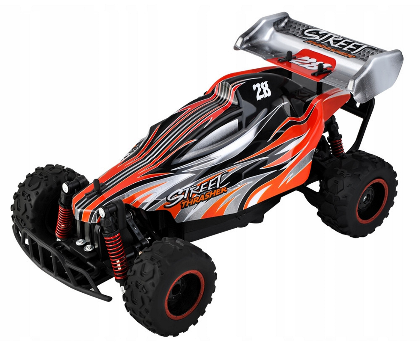 Masinuta cu Telecomanda si Suspensii OFFROAD Racing SPORT, Dimensiune 35 x 22 x 14 cm, Scara 1:16, Reglarea directiei rotilor, 4 amortizoare si un motor puternic permit depasirea pantei pana la 45, Viteza maxima 30 km/h, Negru-Portocaliu