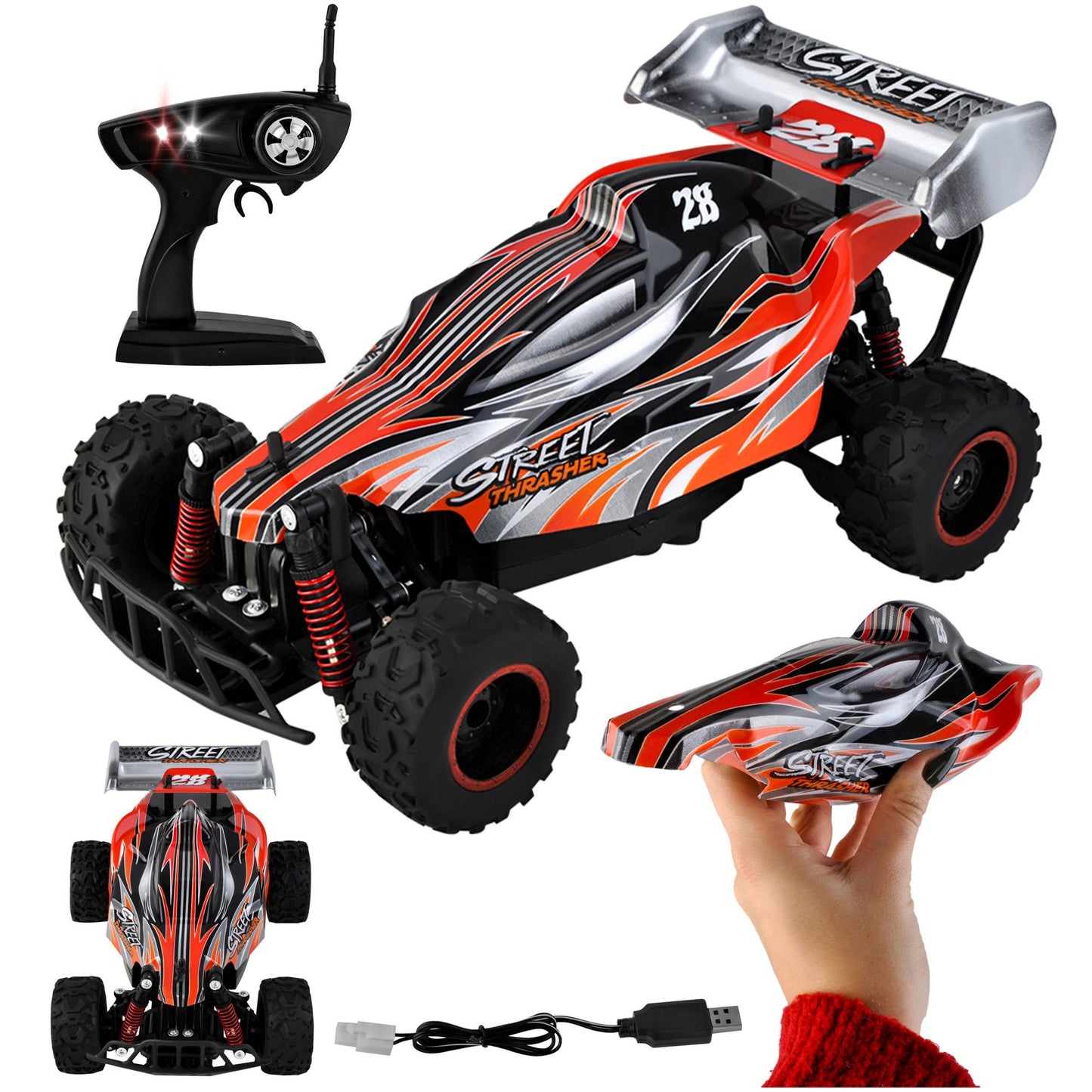 Masinuta cu Telecomanda si Suspensii OFFROAD Racing SPORT, Dimensiune 35 x 22 x 14 cm, Scara 1:16, Reglarea directiei rotilor, 4 amortizoare si un motor puternic permit depasirea pantei pana la 45, Viteza maxima 30 km/h, Negru-Portocaliu