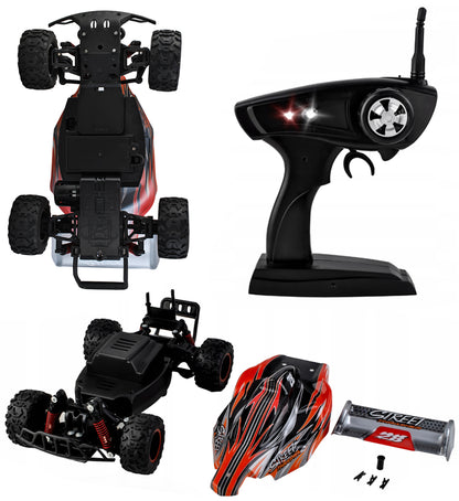 Masinuta cu Telecomanda si Suspensii OFFROAD Racing SPORT, Dimensiune 35 x 22 x 14 cm, Scara 1:16, Reglarea directiei rotilor, 4 amortizoare si un motor puternic permit depasirea pantei pana la 45, Viteza maxima 30 km/h, Negru-Portocaliu