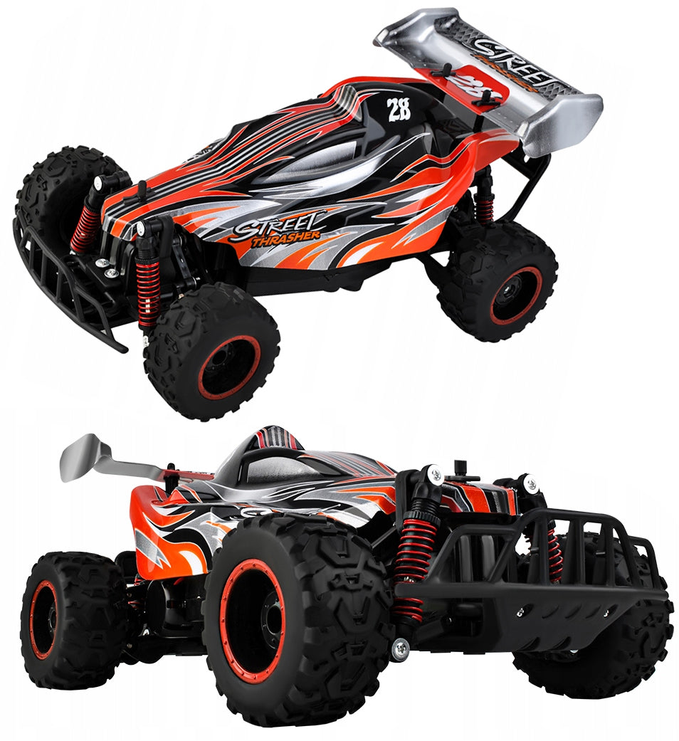 Masinuta cu Telecomanda si Suspensii OFFROAD Racing SPORT, Dimensiune 35 x 22 x 14 cm, Scara 1:16, Reglarea directiei rotilor, 4 amortizoare si un motor puternic permit depasirea pantei pana la 45, Viteza maxima 30 km/h, Negru-Portocaliu