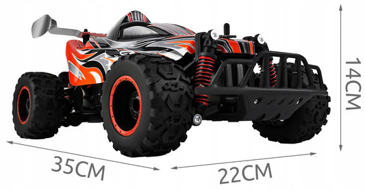 Masinuta cu Telecomanda si Suspensii OFFROAD Racing SPORT, Dimensiune 35 x 22 x 14 cm, Scara 1:16, Reglarea directiei rotilor, 4 amortizoare si un motor puternic permit depasirea pantei pana la 45, Viteza maxima 30 km/h, Negru-Portocaliu