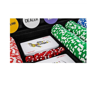 Set de Poker Complex cu 500 de jetoane idealSTORE, Texas Master Lux, Include 2 seturi de carti, 5 zaruri, Echipat cu servieta de aluminiu cu dimensiunile 26.5 x 7 x 22 cm