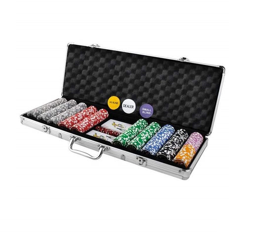Set de Poker Complex cu 500 de jetoane idealSTORE, Texas Master Lux, Include 2 seturi de carti, 5 zaruri, Echipat cu servieta de aluminiu cu dimensiunile 26.5 x 7 x 22 cm