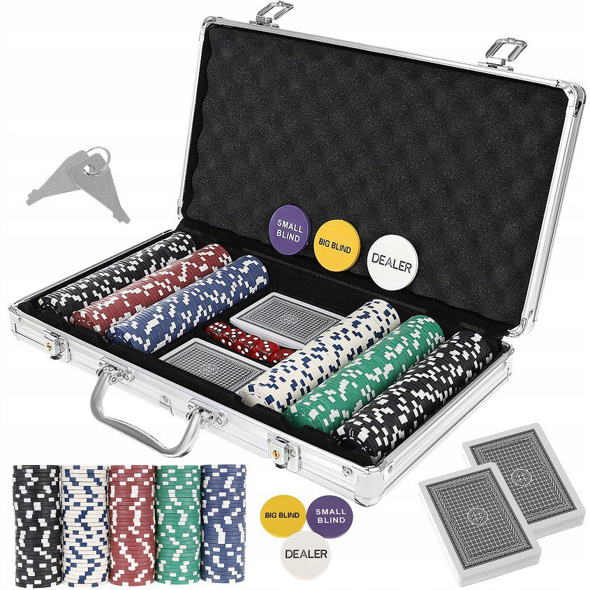Set de Poker Complex cu 300 de jetoane idealSTORE, Vegas Master Lux, Include 2 seturi de carti, 5 zaruri, Echipat cu servieta de aluminiu cu dimensiunile 39x7x27 cm