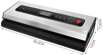 Aparat de Vidat si Sigilat Alimente idealSTORE, Include 9 Role cu Folie, 5 Saci de Depozitare, Cantar Incorporat, Putere 120W, Nivel de Vidare -80kPa, Latime 36 cm, Putere Vidare Reglabila, Buton pentru Vidarea Produselor Umede sau Uscate, Operare simpla