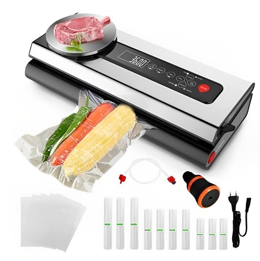 Aparat de Vidat si Sigilat Alimente idealSTORE, Include 9 Role cu Folie, 5 Saci de Depozitare, Cantar Incorporat, Putere 120W, Nivel de Vidare -80kPa, Latime 36 cm, Putere Vidare Reglabila, Buton pentru Vidarea Produselor Umede sau Uscate, Operare simpla