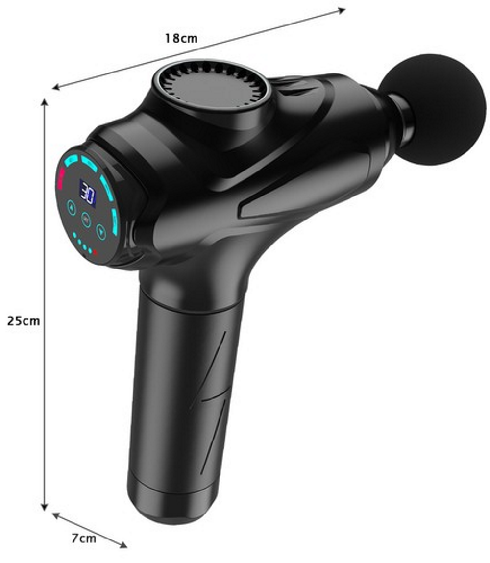 Aparat de Masaj tip Pistol Relax Feet idealSTORE, Ecran Tactil, Autonomie 6 Ore, 10 Capete Inlocuibile Pana la 30 de Niveluri de Intensitate a Masajului, Design Ergonomic, Ajuta la Relaxarea Muschilor, Include Geanta pentru Transport