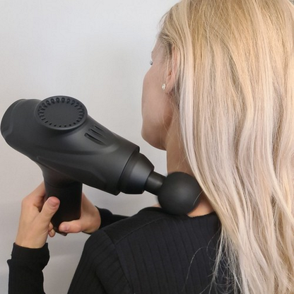 Aparat de Masaj tip Pistol Relax Feet idealSTORE, Ecran Tactil, Autonomie 6 Ore, 10 Capete Inlocuibile Pana la 30 de Niveluri de Intensitate a Masajului, Design Ergonomic, Ajuta la Relaxarea Muschilor, Include Geanta pentru Transport