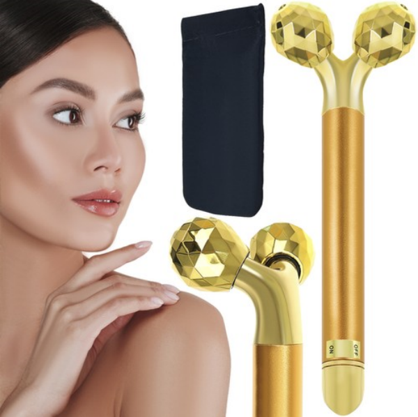 Aparat de Masaj Facial SpaTime IdealStore, Lifting, Stimularea Circulatiei, Terapie Prin Vibratii, Antirid, Waterproof, Perfect Pentru Seri Relaxante, Roller 3D, Culoare Auriu