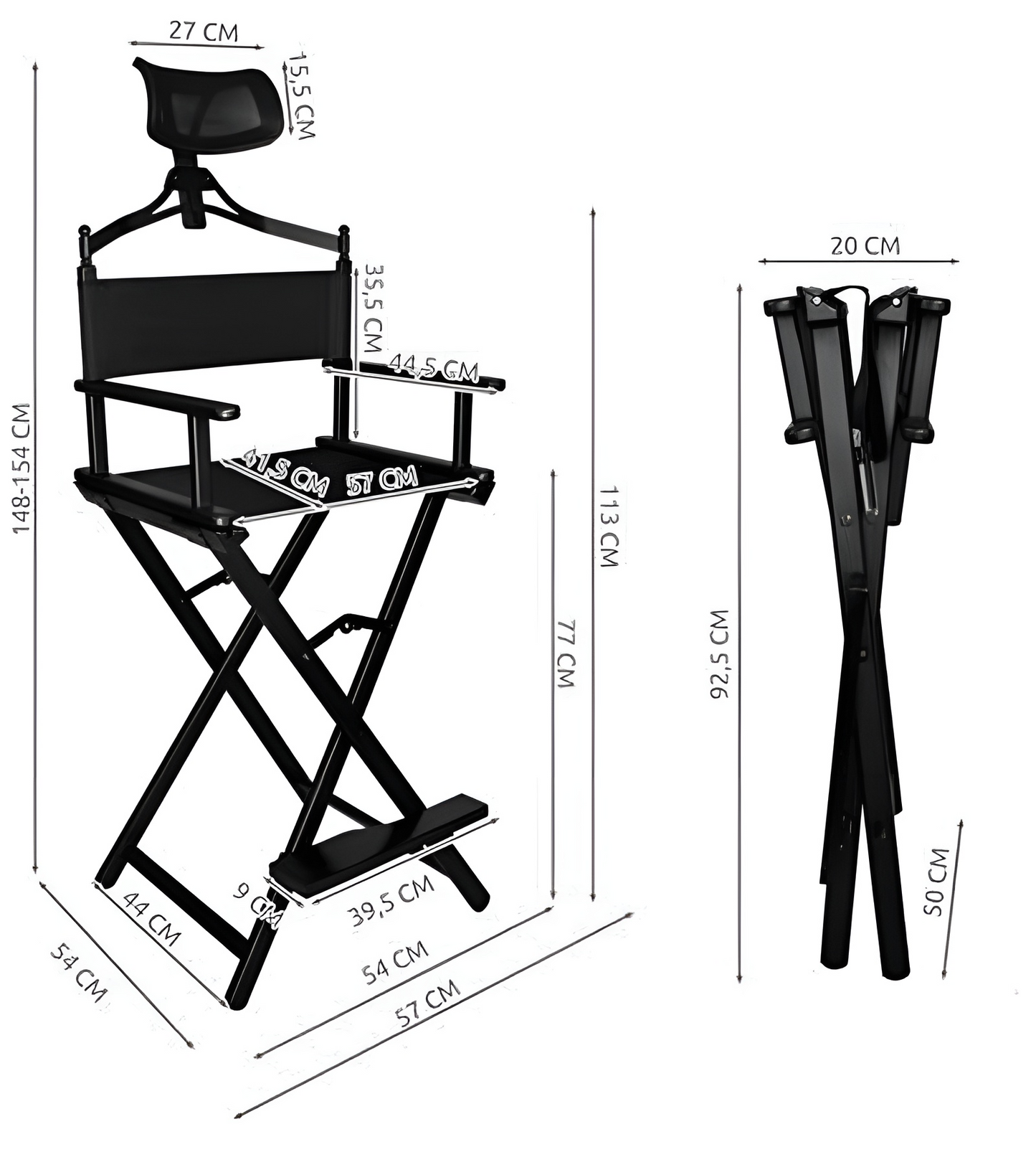Scaun de Machiaj Pliabil cu Tetiera Beauty Lux idealSTORE, Constructie Solida, Material Aluminiu, Tesatura impermeabila Oxford 600D, Suport pentru Picioare, Sarcina 140 kg, Culoare Black, Ideal pentru Make-up Artisti