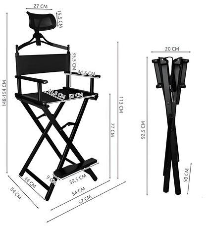 Scaun de Machiaj Pliabil cu Tetiera Beauty Lux idealSTORE, Constructie Solida, Material Aluminiu, Tesatura impermeabila Oxford 600D, Suport pentru Picioare, Sarcina 140 kg, Culoare Black, Ideal pentru Make-up Artisti