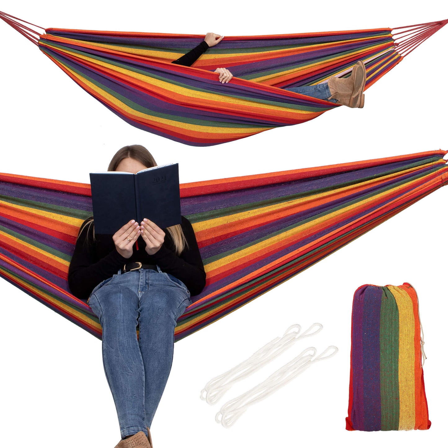 Hamac din bumbac SingleFree IdealStore, Dimensiune 80 x 200 cm, Greutate maxima 120Kg, Montare Si Demontare rapida, Usor de curatat, Portivit atat pentru curte cat si pentru terasa sau balcon, Multicolor