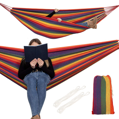 Hamac din bumbac SingleFree IdealStore, Dimensiune 80 x 200 cm, Greutate maxima 120Kg, Montare Si Demontare rapida, Usor de curatat, Portivit atat pentru curte cat si pentru terasa sau balcon, Multicolor