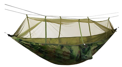 Hamac Turistic SANTIAGO ARMY idealSTORE, Dimensiuni 260 x 160 cm, Include o Plasa impotriva insectelor, Geanta pentru Depozitare, Carlige Metalice Masive, Franghii Groase Impletite, Sarcina Maxima 159 Kg