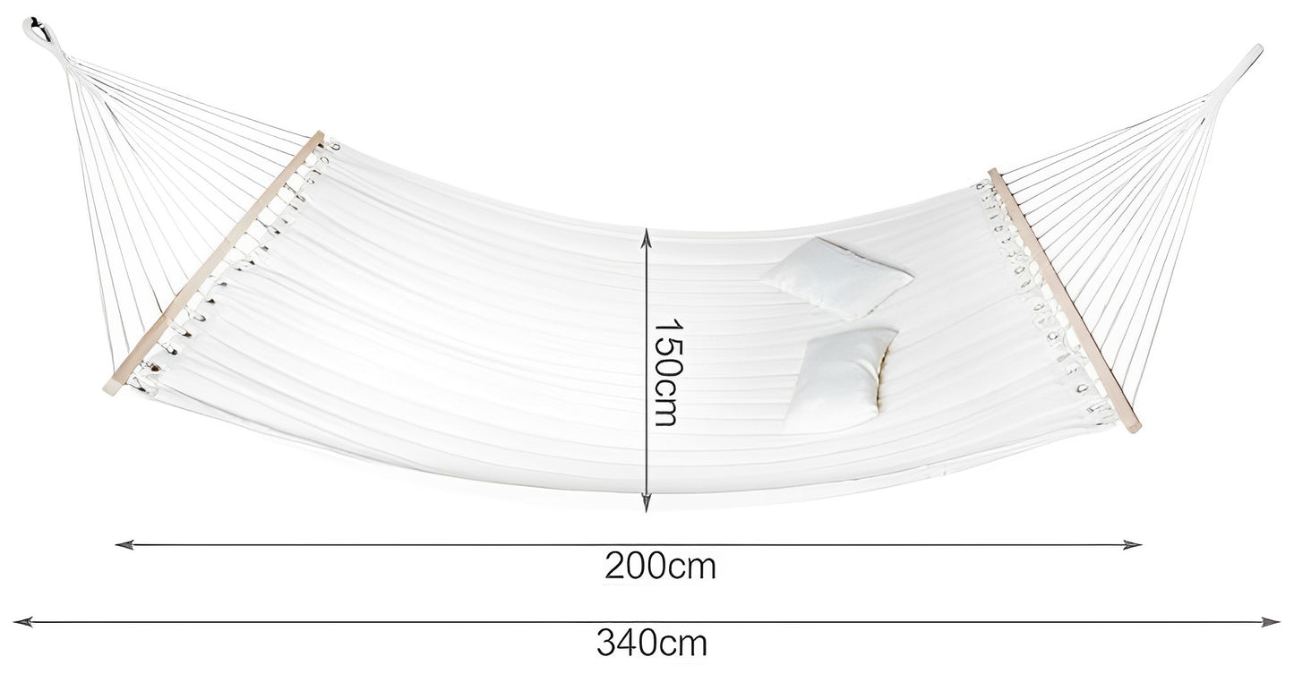 Hamac de Gradina Chicago idealSTORE, Dimensiuni 200 x 150 cm, Realizat din Tesatura din Bumbac, Include 2 Perne, Traverse din Lemn, Sarcina Maxima 150 Kg, Ideal pentru Gradina, Terasa sau Camera, Culoare ALB