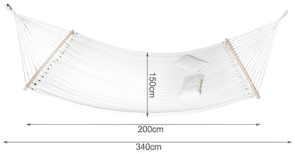 Hamac de Gradina Chicago idealSTORE, Dimensiuni 200 x 150 cm, Realizat din Tesatura din Bumbac, Include 2 Perne, Traverse din Lemn, Sarcina Maxima 150 Kg, Ideal pentru Gradina, Terasa sau Camera, Culoare ALB