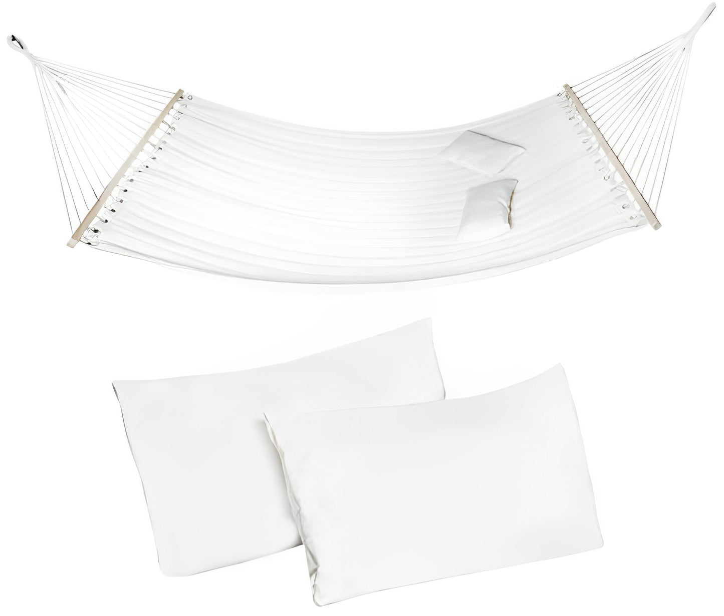 Hamac de Gradina Chicago idealSTORE, Dimensiuni 200 x 150 cm, Realizat din Tesatura din Bumbac, Include 2 Perne, Traverse din Lemn, Sarcina Maxima 150 Kg, Ideal pentru Gradina, Terasa sau Camera, Culoare ALB