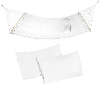 Hamac de Gradina Chicago idealSTORE, Dimensiuni 200 x 150 cm, Realizat din Tesatura din Bumbac, Include 2 Perne, Traverse din Lemn, Sarcina Maxima 150 Kg, Ideal pentru Gradina, Terasa sau Camera, Culoare ALB