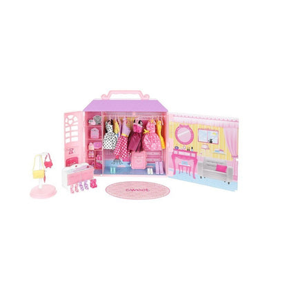 Dressing cu haine pentru copii idealSTORE, Dimensiuni pachet 47 x 40 x 13, Include casa, papusa, valiza, comoda, rochii, ochelari, acceosrii pentru par, Ideala pentru micutele pasionate de Hairstylist