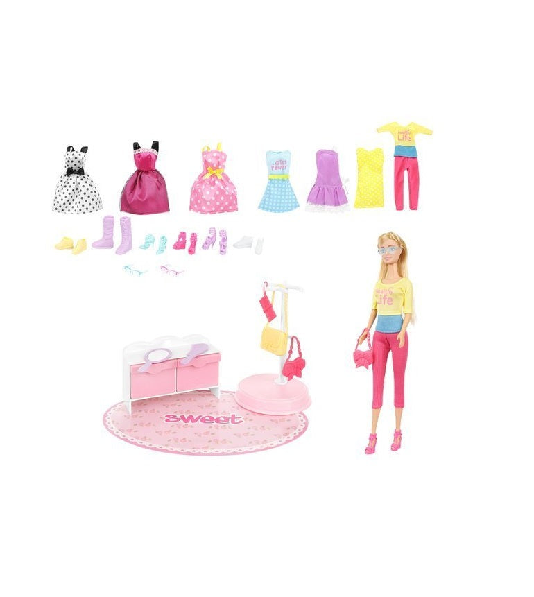 Dressing cu haine pentru copii idealSTORE, Dimensiuni pachet 47 x 40 x 13, Include casa, papusa, valiza, comoda, rochii, ochelari, acceosrii pentru par, Ideala pentru micutele pasionate de Hairstylist