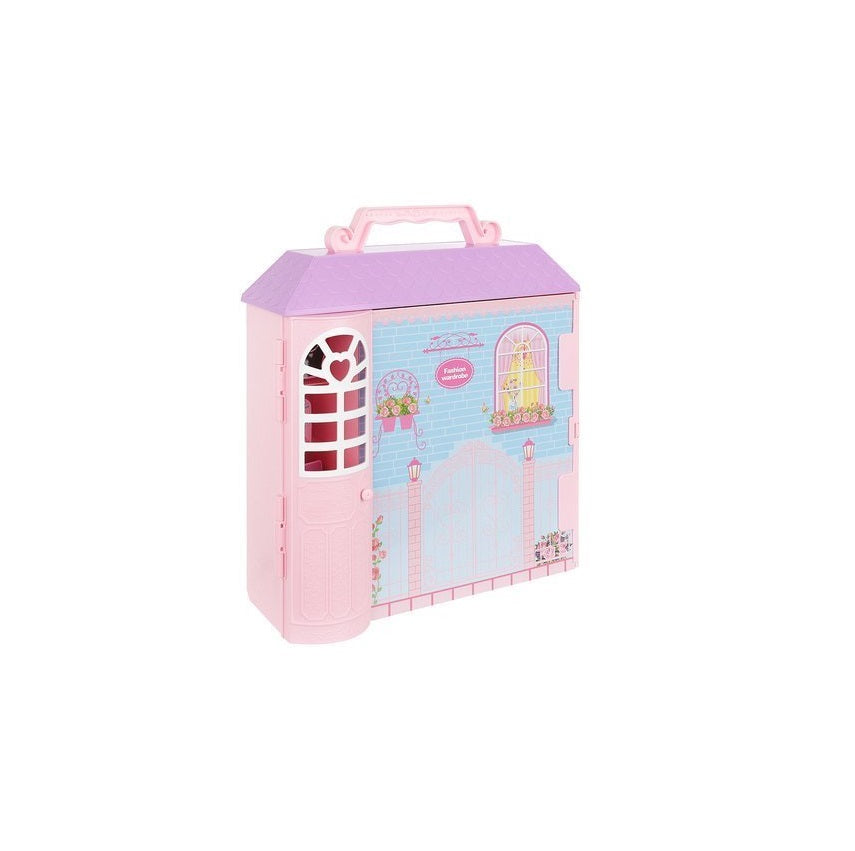 Dressing cu haine pentru copii idealSTORE, Dimensiuni pachet 47 x 40 x 13, Include casa, papusa, valiza, comoda, rochii, ochelari, acceosrii pentru par, Ideala pentru micutele pasionate de Hairstylist