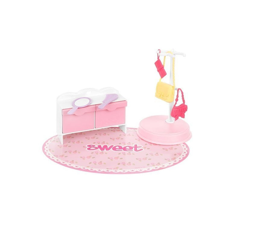 Dressing cu haine pentru copii idealSTORE, Dimensiuni pachet 47 x 40 x 13, Include casa, papusa, valiza, comoda, rochii, ochelari, acceosrii pentru par, Ideala pentru micutele pasionate de Hairstylist