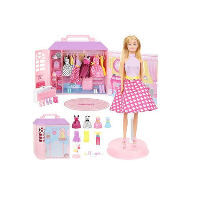 Dressing cu haine pentru copii idealSTORE, Dimensiuni pachet 47 x 40 x 13, Include casa, papusa, valiza, comoda, rochii, ochelari, acceosrii pentru par, Ideala pentru micutele pasionate de Hairstylist