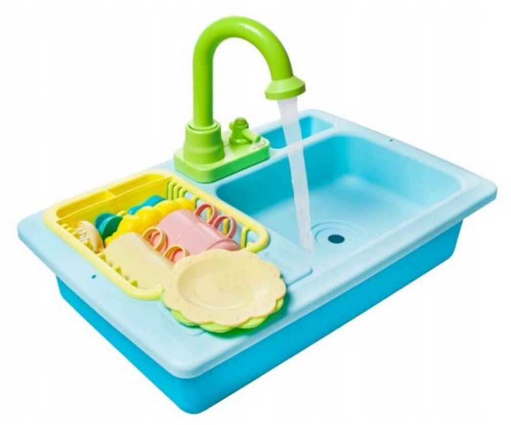 Chiuveta de jucarie pentru copii, Dimensiuni 41 x 28 x 26, Setul include 14 accesorii, robinet cu pompa, perie, lichid, cutit, lingurita, furculita, castron, uscator