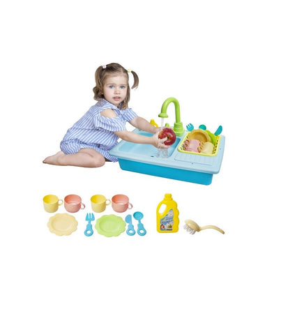 Chiuveta de jucarie pentru copii, Dimensiuni 41 x 28 x 26, Setul include 14 accesorii, robinet cu pompa, perie, lichid, cutit, lingurita, furculita, castron, uscator