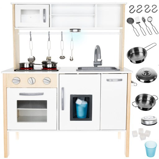 Bucatarie de lemn idealSTORE Chef's Delight, Echipata cu chiuveta, Plita cu inductie si aparat de gheata, Confectionata din lemn de inalta calitate, Dotata cu o lampa functionala si cu o multitudine de ustensile si accesorii