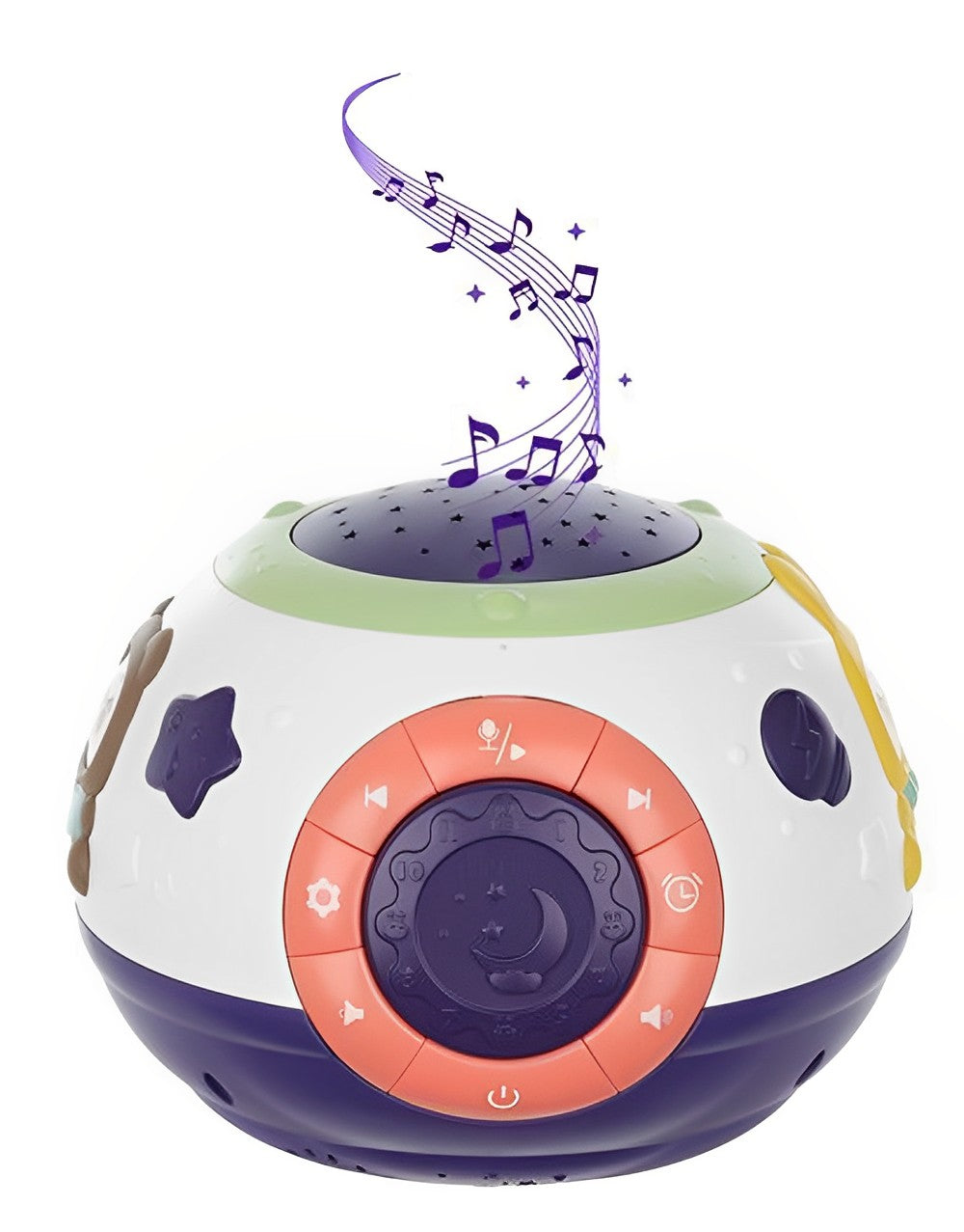 Lampa de veghe cu proiector idealSTORE THE LITTLE CHILD, Dimensiuni 18 X 14 cm, Emite sunete precum broasca, pescarus, pasare, Reda pana la 8 cantece de leagan, Proiectarea stelelor pe tavan pentru o adormire rapida a copilului