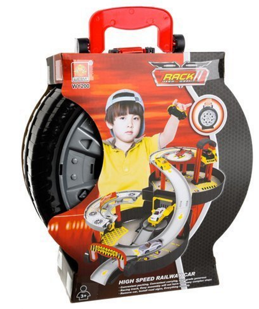 Parcare de Joaca Mobila pentru Copii Pe 2 Nivele, Speed Railway Car idealSTORE, Accesorizat cu Spalatorie Auto, Elicopter, Lift, Masinute, Valiza in forma de Roata cu Maner de Transport