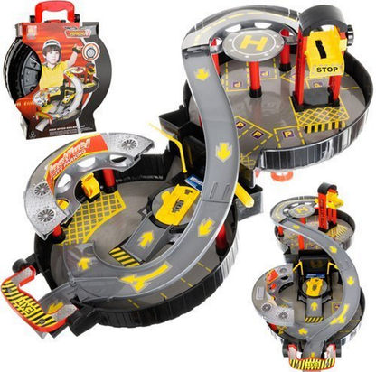 Parcare de Joaca Mobila pentru Copii Pe 2 Nivele, Speed Railway Car idealSTORE, Accesorizat cu Spalatorie Auto, Elicopter, Lift, Masinute, Valiza in forma de Roata cu Maner de Transport