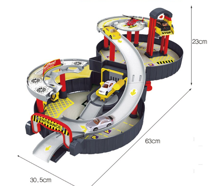 Parcare de Joaca Mobila pentru Copii Pe 2 Nivele, Speed Railway Car idealSTORE, Accesorizat cu Spalatorie Auto, Elicopter, Lift, Masinute, Valiza in forma de Roata cu Maner de Transport