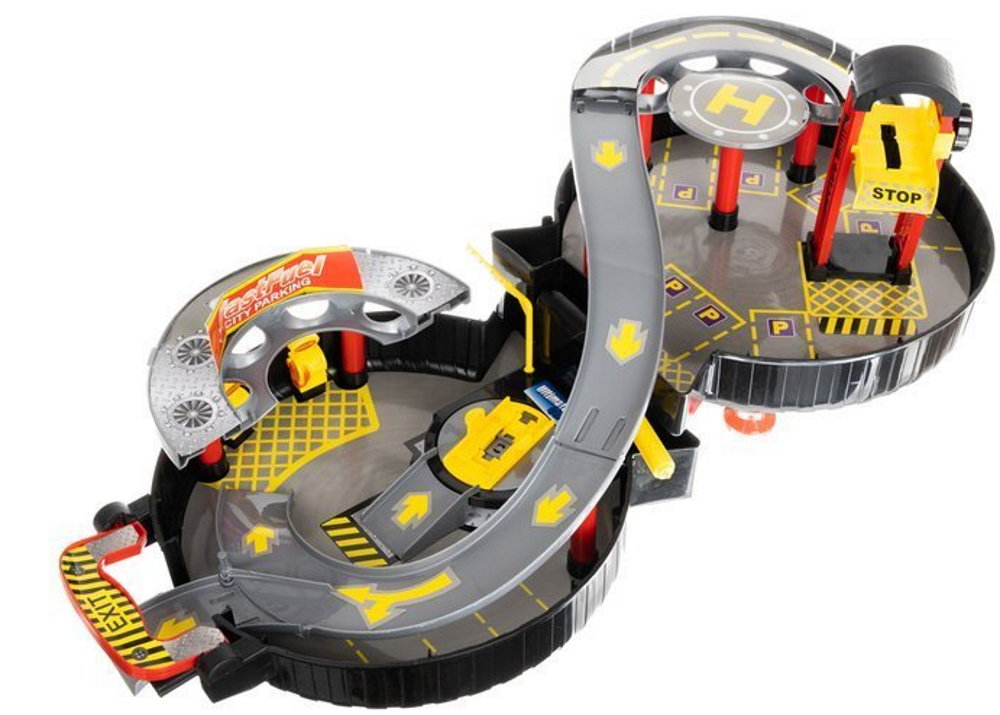 Parcare de Joaca Mobila pentru Copii Pe 2 Nivele, Speed Railway Car idealSTORE, Accesorizat cu Spalatorie Auto, Elicopter, Lift, Masinute, Valiza in forma de Roata cu Maner de Transport